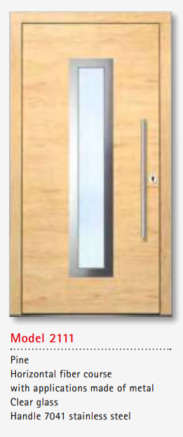 UNILUX Model 2111 Pine Door, Horizontal Fiber, Metal Accents, Clear Glass, Stainless Handle, Security Lock, Timber Entry